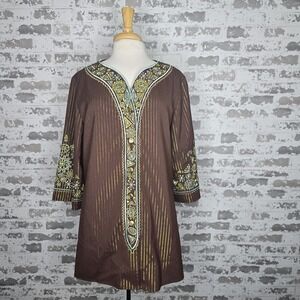 Bob Mackie Wearable Art Womens Bohemian Metallic Embroidered 3/4 Sleeve Blouse L